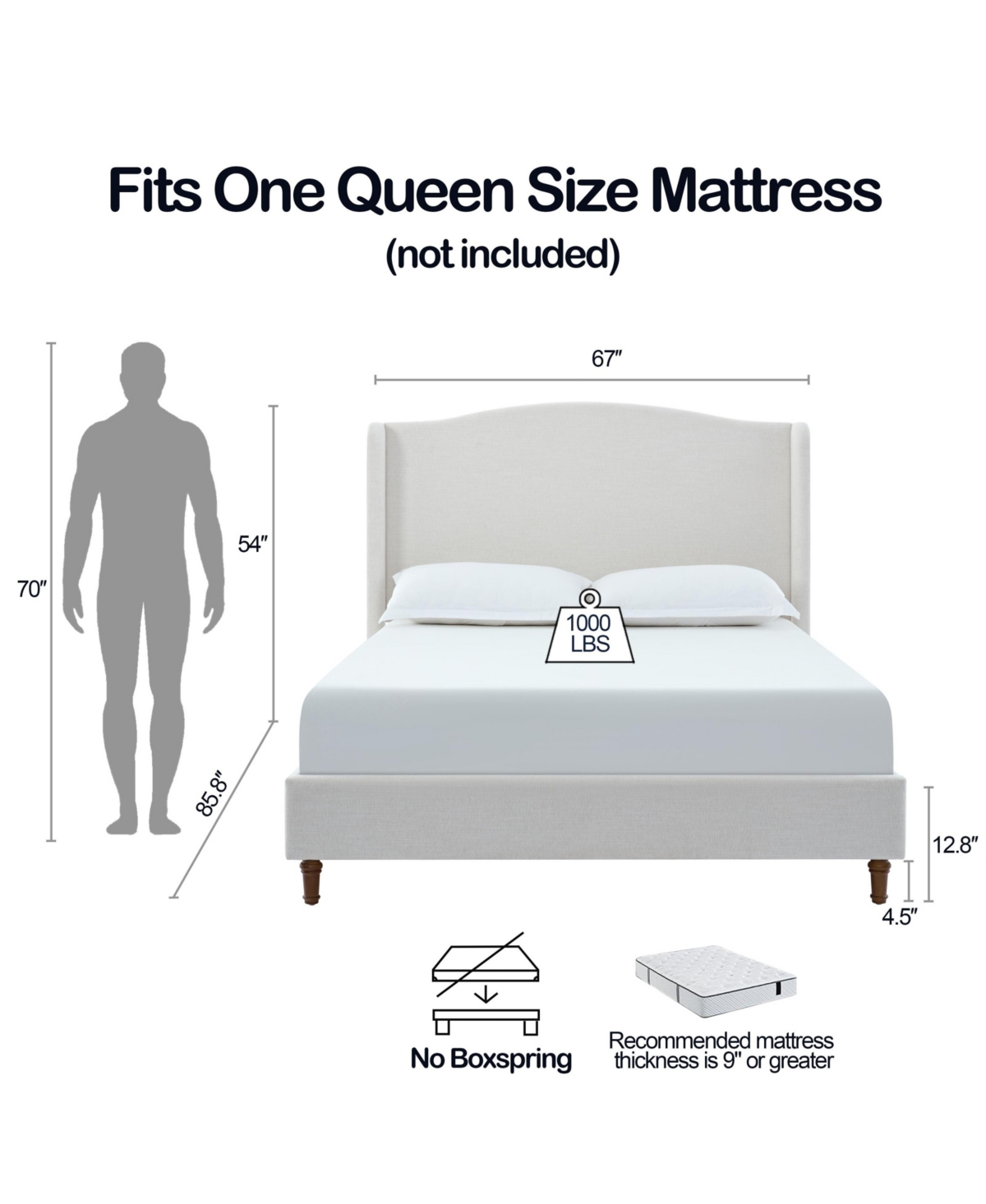 Streamdale Furniture Hannah Queen Wingback Bed, Ivory Textured Chenille, Tall 54" Headboard, No Box Spring Required