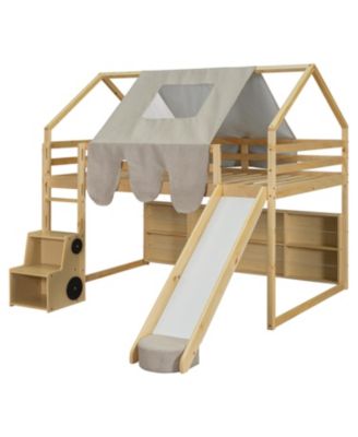 Wooden Loft Bed House-shaped Frame with a Tent