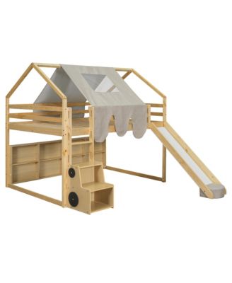 Wooden Loft Bed House-shaped Frame with a Tent