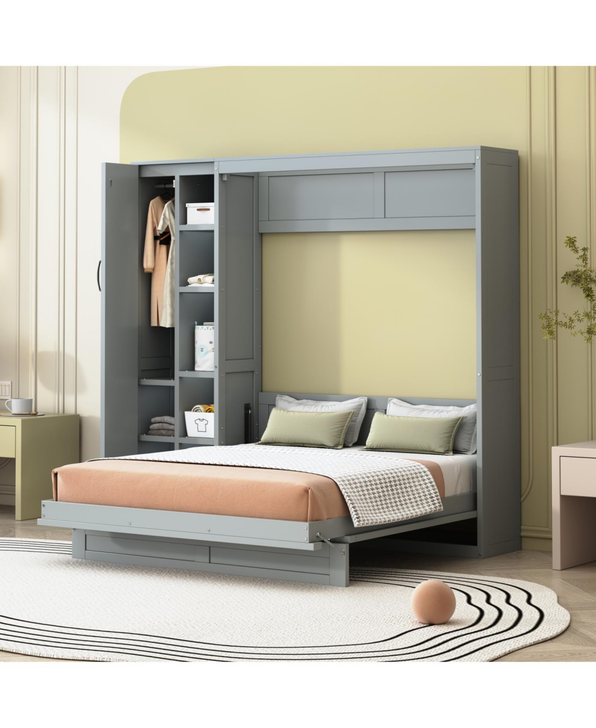 Streamdale Furniture Full Murphy Bed Wall with Shelves, Wardrobe and Led Lights