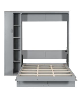  Full Size Murphy Bed Wall Bed with Shelves, Wardrobe and LED Lights