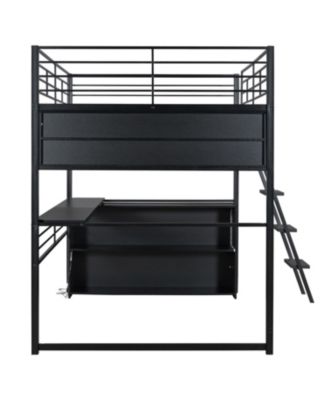 Full Size Metal Loft Bed with LED Desk and 4 Storage Shelves Black