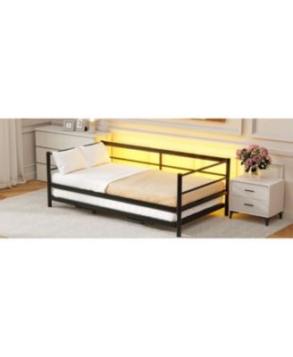 Twin Size Metal Daybed with LED and Adjustable Trundle Pop Up Trundle