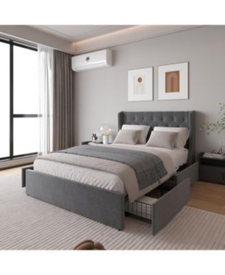 Dark Grey Button Tufted Wingback Bed Frame with 4 Drawers