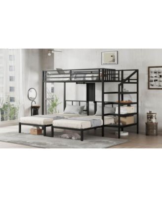 Triple Twin Bunk Bed with Desk & Shelves
