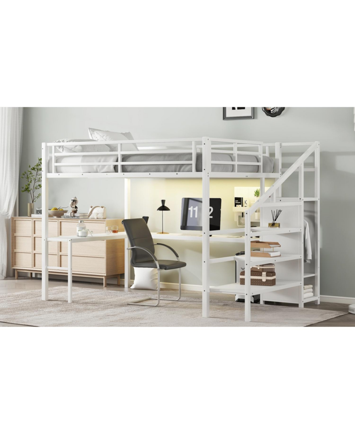 Streamdale Furniture Queen Loft Bed with Desk Wardrobe & Led