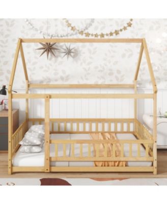 Full Size House Floor Wooden Bed with Roof Frame Safety Guardrails Natural