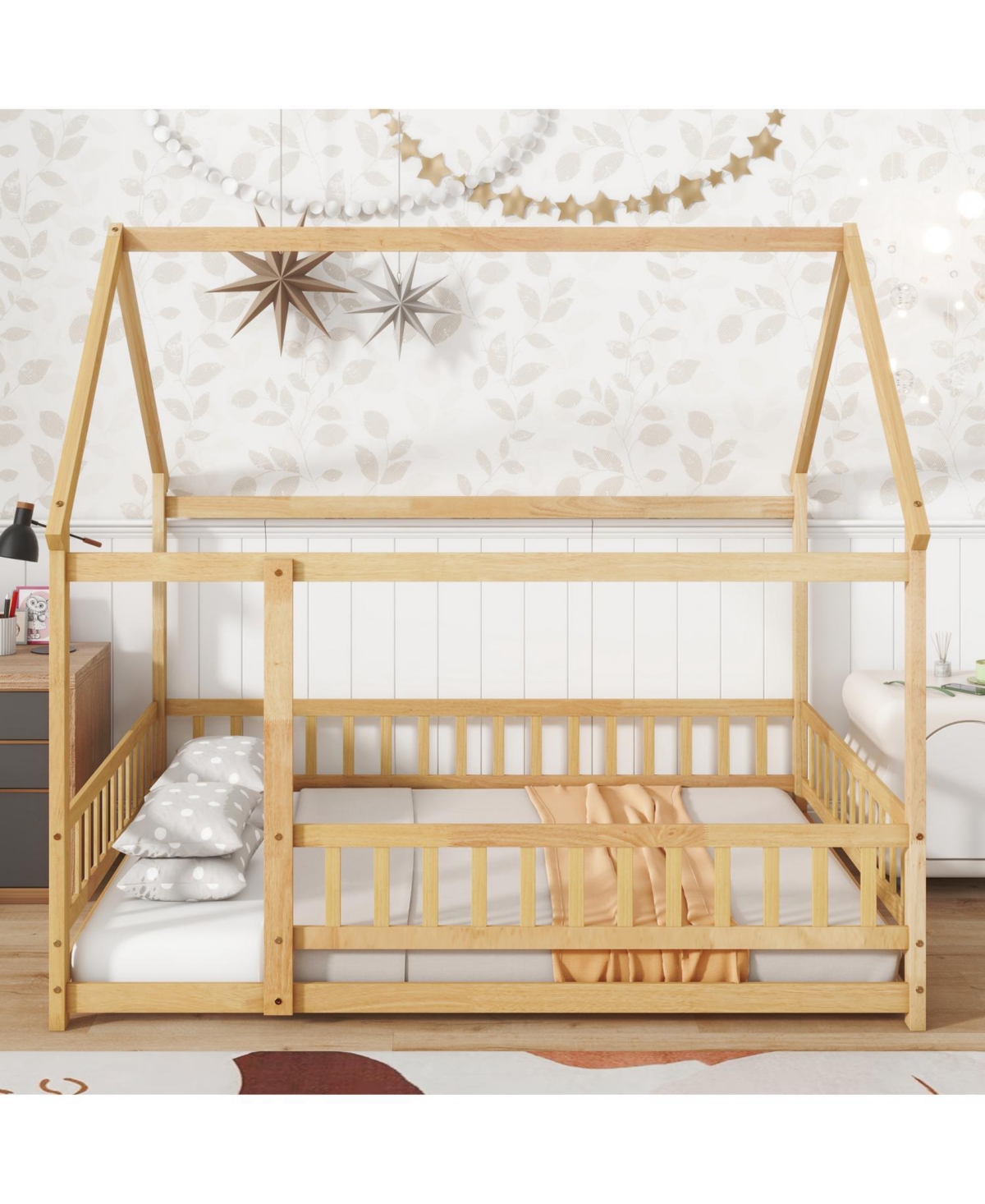 Streamdale Furniture Full Size House Floor Wooden Bed with Roof Frame Safety Guardrails Natural
