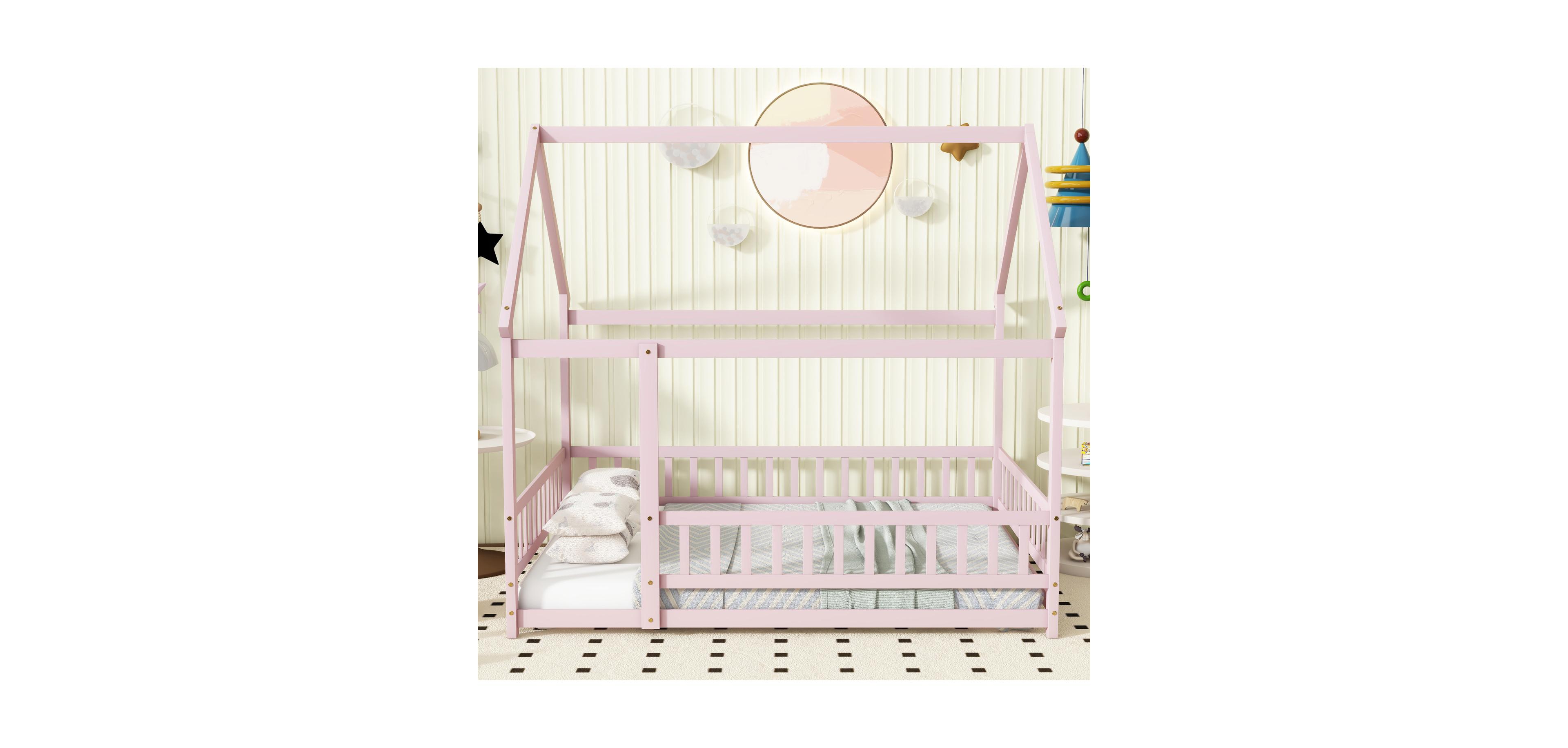 Streamdale Furniture Full Size House Floor Wooden Bed with Roof Frame Safety Guardrails
