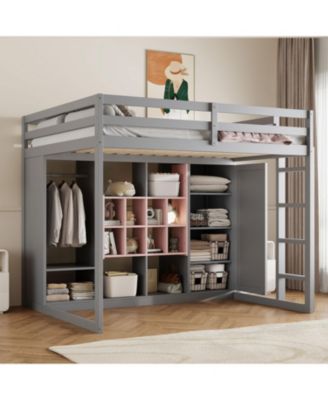 Full Size Wood Loft Bed with Wardrobe, shelves and Cabinet, Gray+Pink