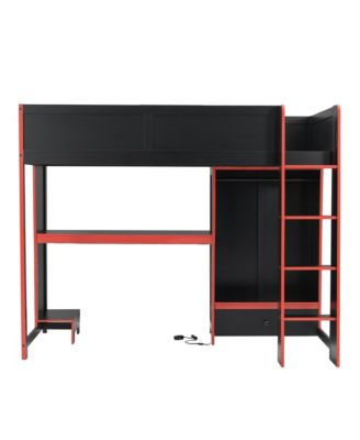 Black Twin Gaming Loft Bed w/ Desk, Wardrobe & LED