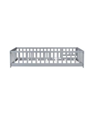 Twin Floor Bed with Fence & Door, Grey