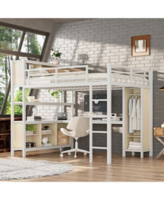 Metal Queen Loft Bed with Wardrobe, Desk & Storage