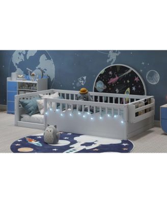 Twin Montessori Floor Bed with Rails, Shelf, Light