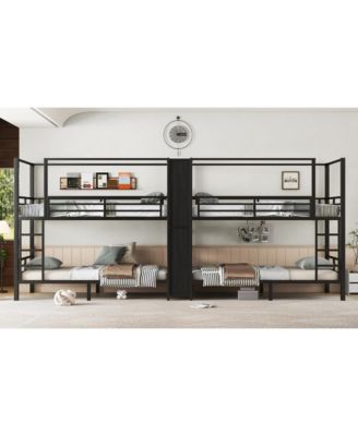 Twin Quad Metal Bunk Bed w/ Storage & Wardrobe - Black