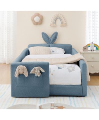 Twin Upholstered Bed- Rabbit Ears, Rail & Pocket, Boucle, Sky Blue