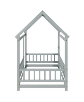 Streamdale Twin Size House Floor Wooden Bed with Roof Frame, Safety Guardrails, Grey