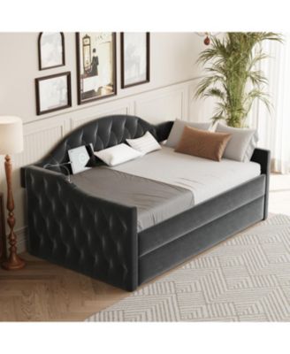 Twin Tufted Velvet Daybed with Trundle, USB Ports, Black