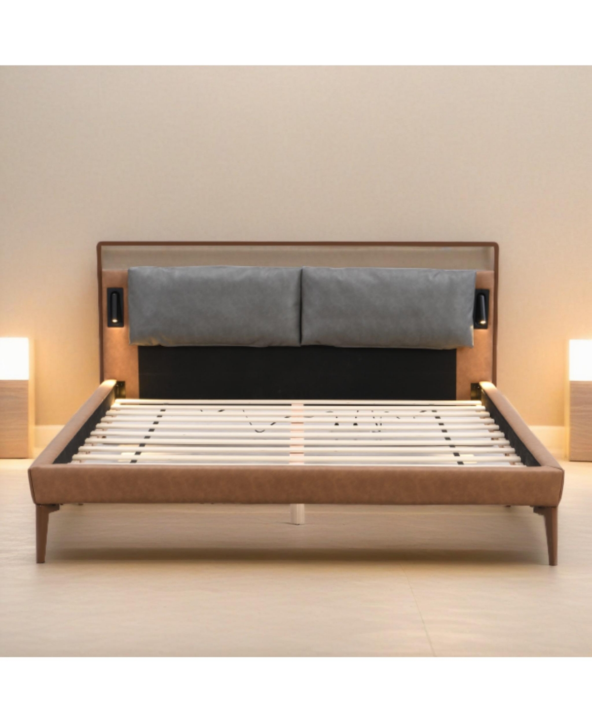 Streamdale Furniture 1 Count Leather Queen Bed with 2pcs Night Lights