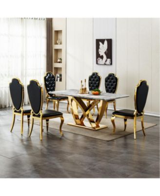 70" Faux Marble Dining Table, Mirrored Base (Gold/Gray