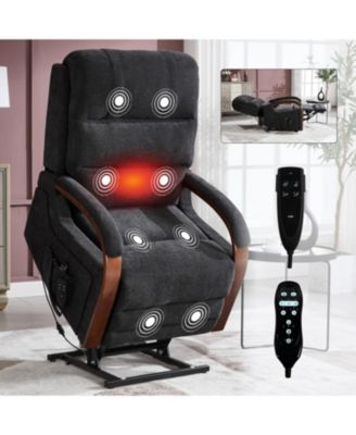 Power Black Chenille Lift Recliner, Heat & Massage, Dual Motor, 350 LBS