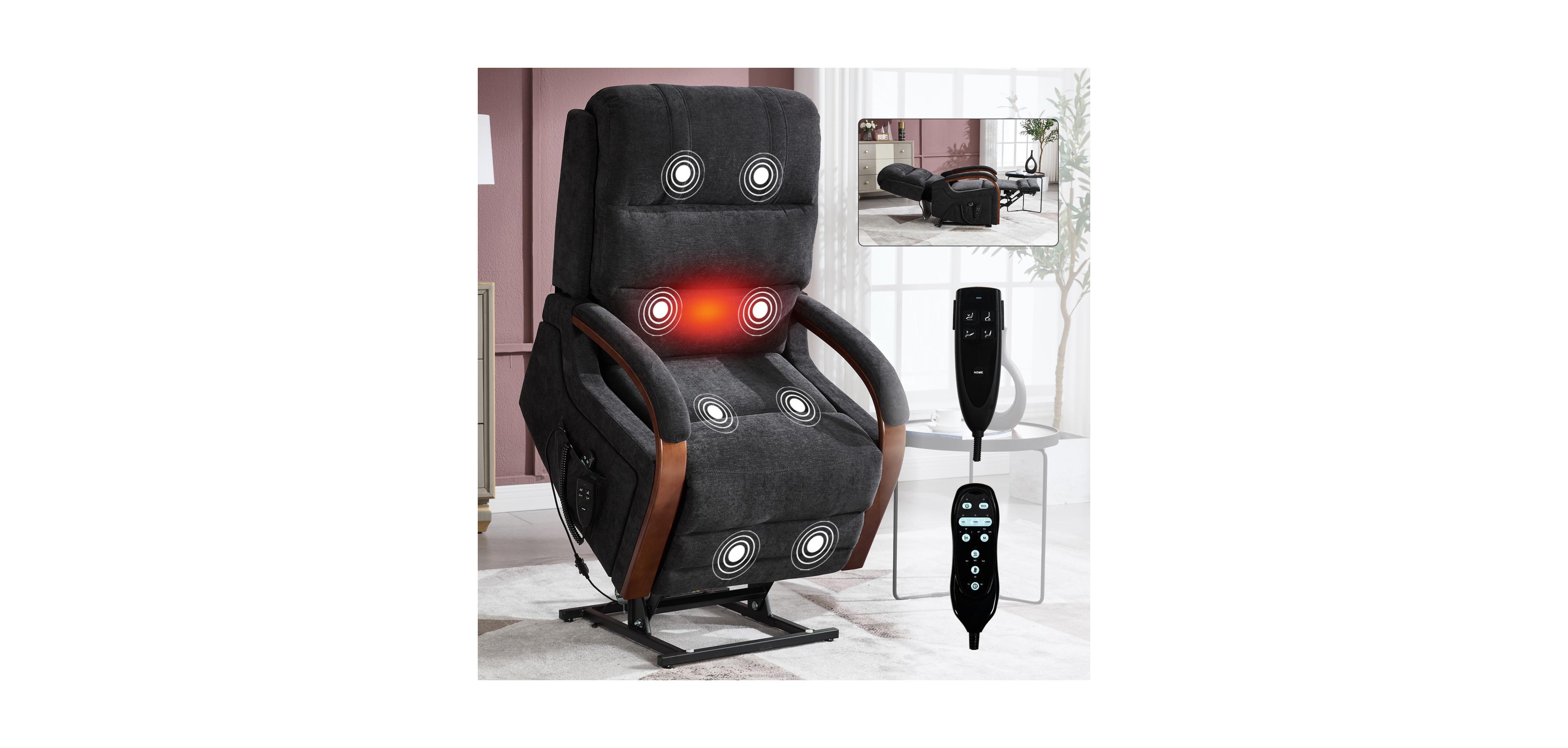 Streamdale Furniture Power Black Chenille Lift Recliner, Heat & Massage, Dual Motor, 350 Lbs