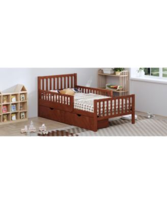 Twin Wood Platform Bed with Guardrails & Storage - Walnut