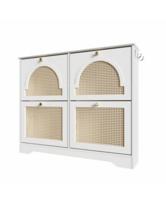 Streamdale Mid-Century Narrow Shoe Cabinet - 4 Flip Drawers, Rattan Doors, Hooks