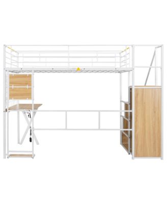 Metal Loft Bed with Work Station, Wardrobe & Storage Staircase, White
