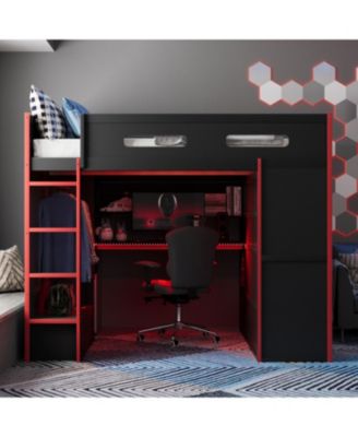 Wood Loft Bed with Desk, Wardrobe, Storage & RGB Light
