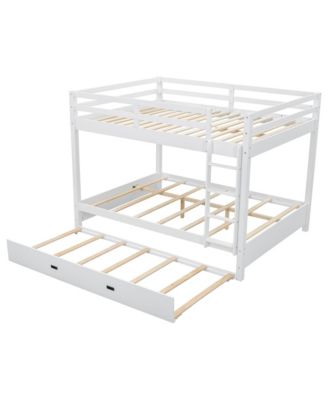 Wood Queen Size Bunk Bed with Ladder and Trundle, White