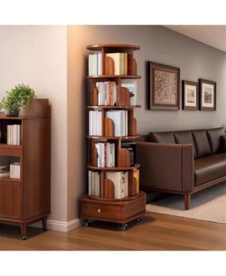 Rotating Bookshelf 360 Corner Bookcase with Wheels, Walnut Brown