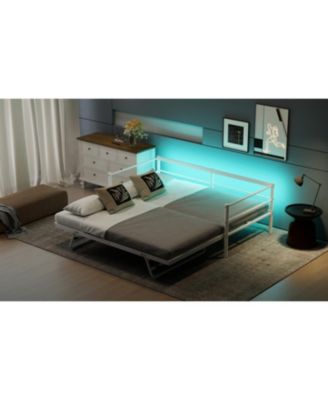 Twin Size Metal Daybed with LED and Adjustable Trundle, Pop Up Trundle