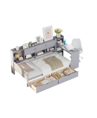 Twin Daybed with Storage, Desk & Bookshelf - Gray