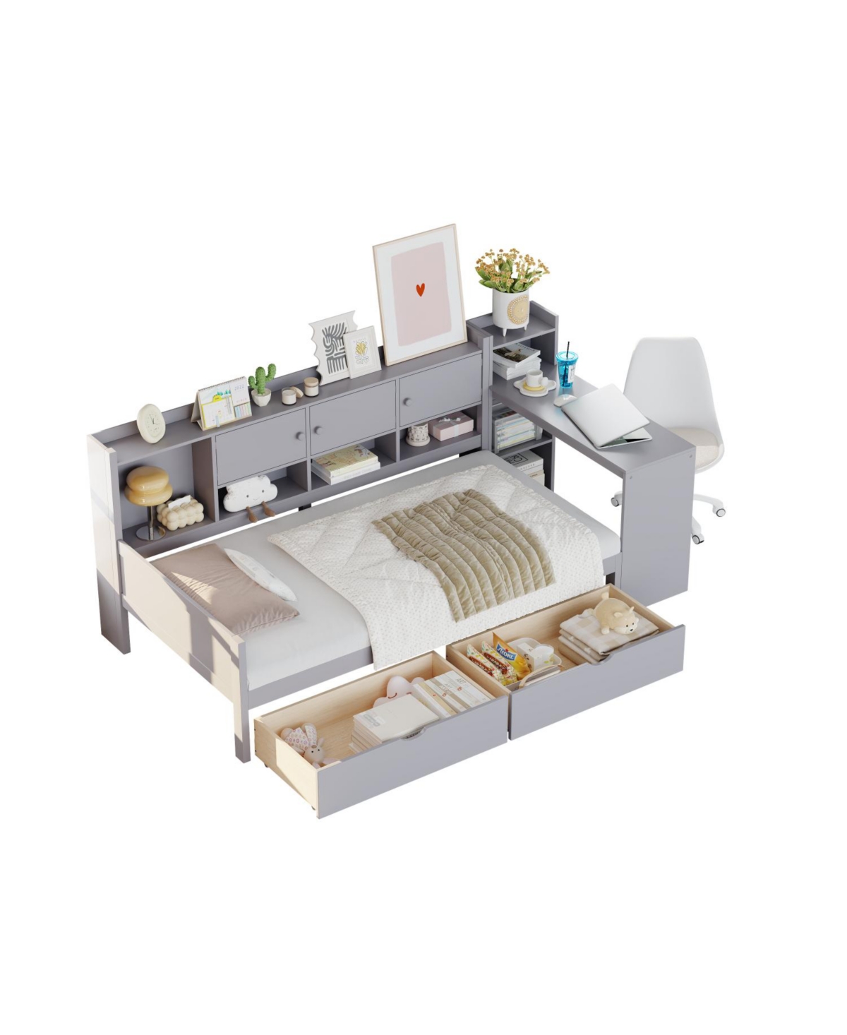 Streamdale Furniture Twin Daybed with Storage, Desk & Bookshelf - Gray
