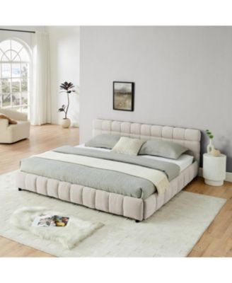 King Beige Chenille Upholstered Bed Frame with Storage Drawer (88.5")