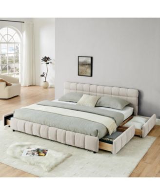 King Beige Chenille Upholstered Bed Frame with Storage Drawer (88.5")