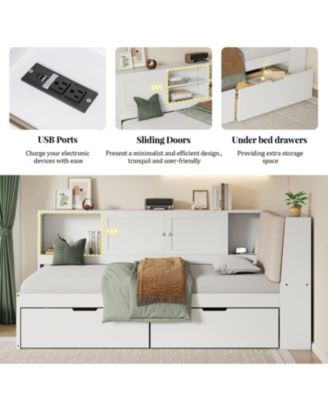 Wooden Twin L-Shaped Daybed with Storage, Bookcase & USB, White