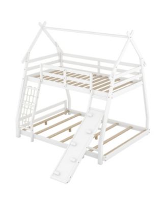 Twin over Queen House Bunk Bed with Climbing Nets and Climbing Ramp, White