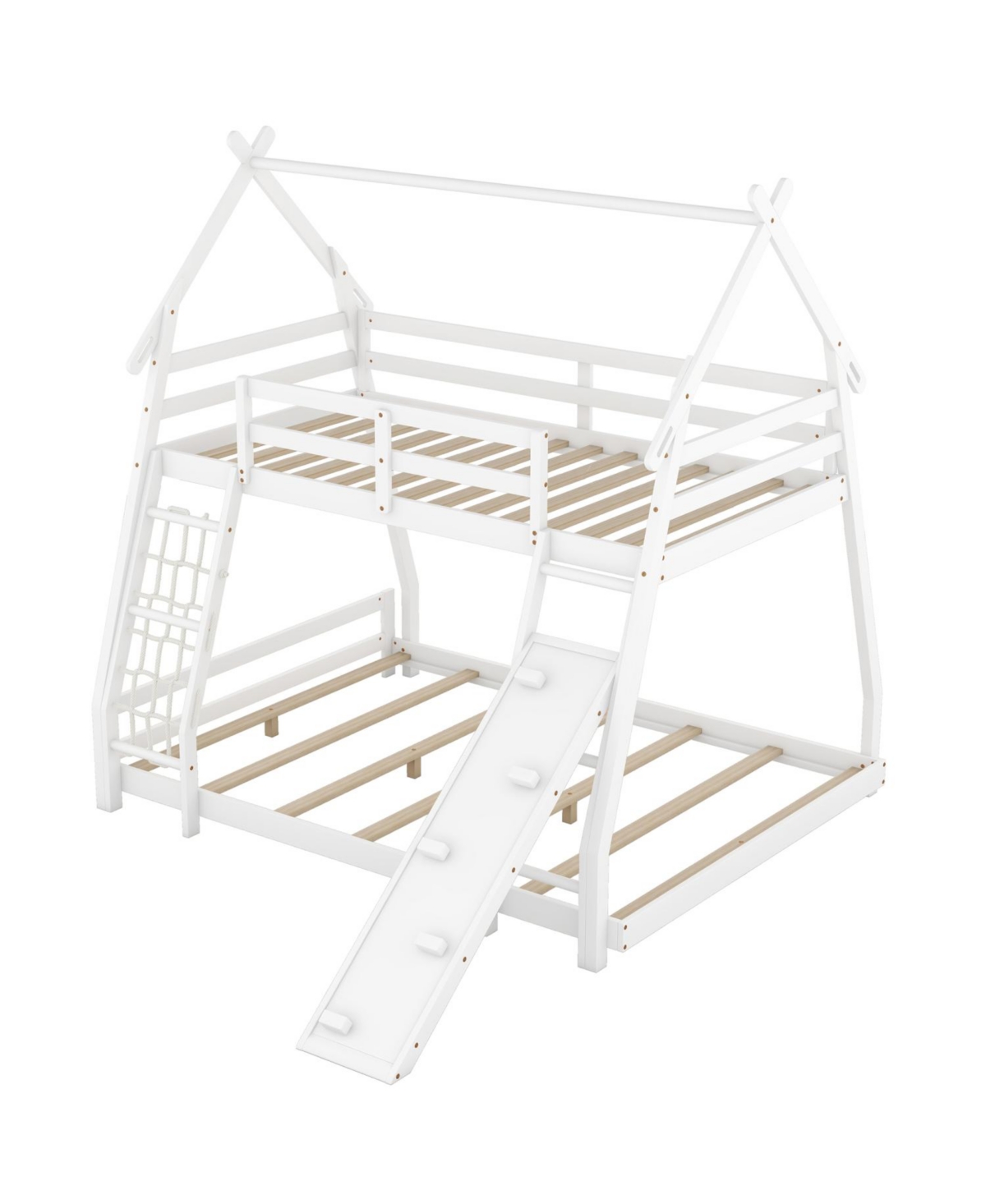 Streamdale Furniture Twin over Queen House Bunk Bed with Climbing Nets and Climbing Ramp, White