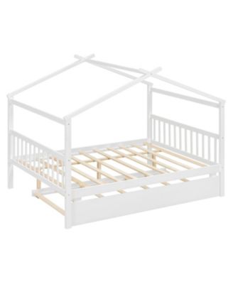 Full Size Wooden House Bed with Twin Size Trundle, White