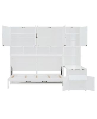 Twin Size Murphy Bed Wall Bed with Closet , Drawers & Desk-White