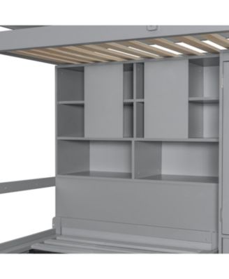 Twin Bunk Bed with Drawers, Wardrobe, Storage Shelves and Hydraulic Bed,Gray