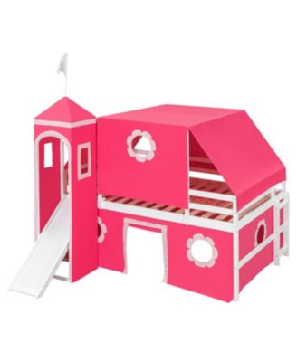  Full Size Loft Bed with Slide Pink Tent and Tower - Pink