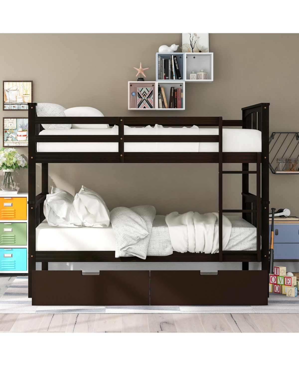 Streamdale Furniture + Full Over Wood Drawers & Ladder Bunk Bed