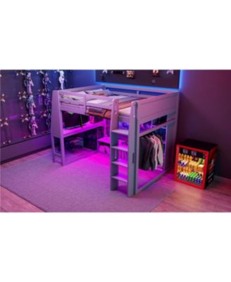 Streamdale Wood Gaming Loft Bed w/ Desk, Shelves, LED, Rack, Black