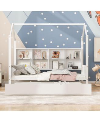 Wooden Twin House Bed with Trundle & Shelf