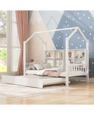 Wooden Twin House Bed with Trundle & Shelf
