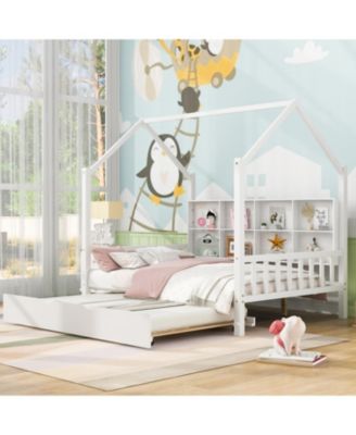  Wooden Full Size House Bed with Trundle & Shelf - White
