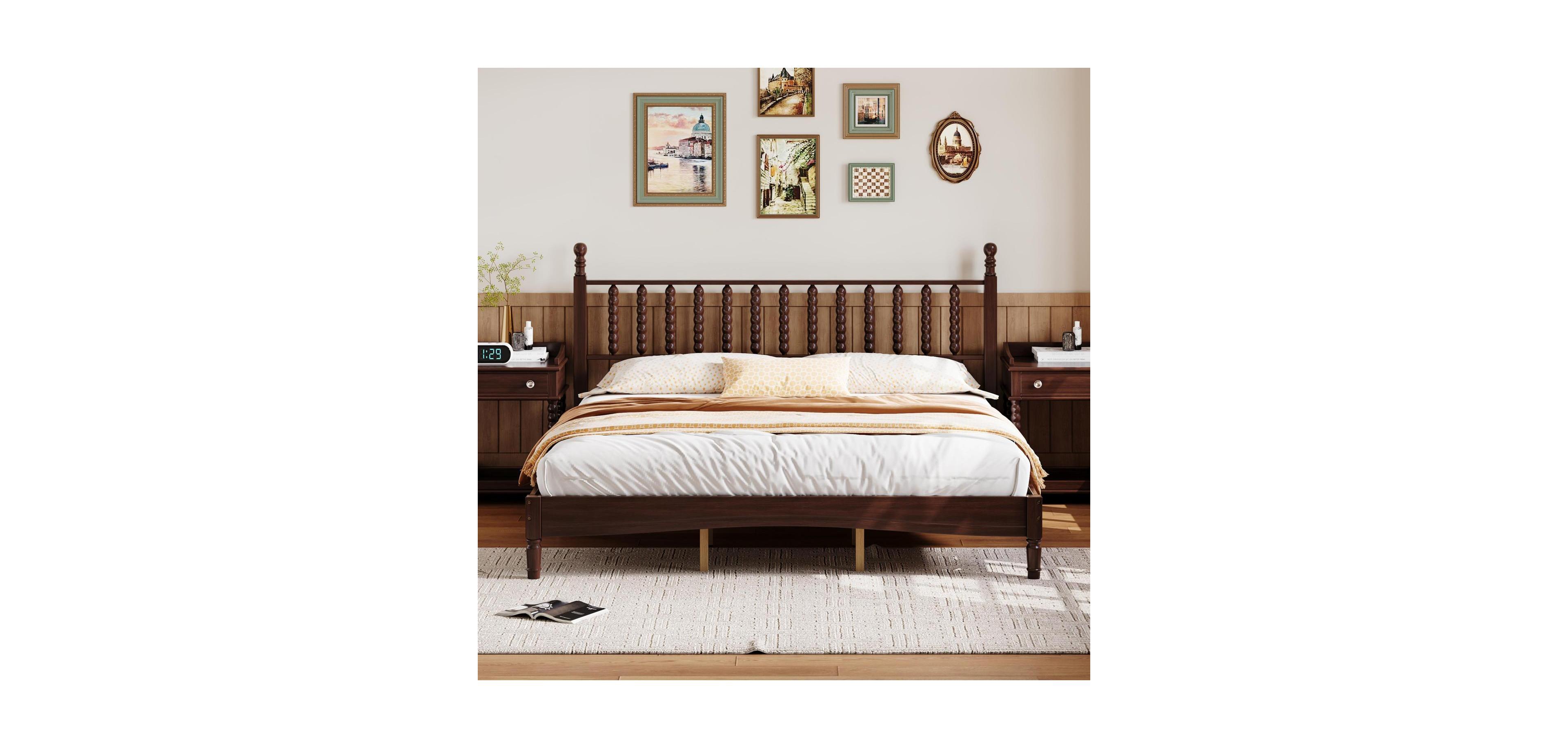 Streamdale Furniture Streamdale King Wood Platform Bed, Gourd Headboard, Retro Style